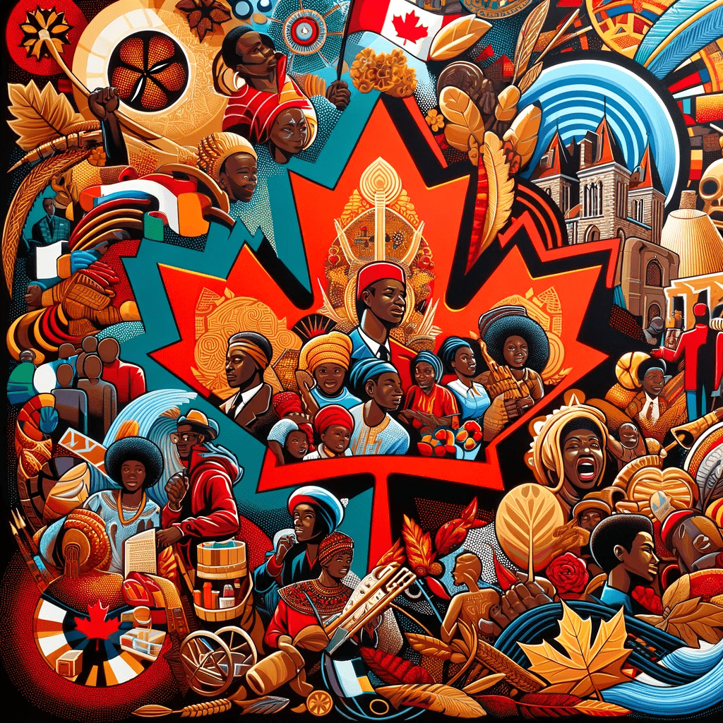 DALL·E 2024-01-25 17.31.46 - An artwork reflecting Black culture and heritage in Canada, showcasing elements like traditional African-Canadian symbols, vibrant colors symbolizing